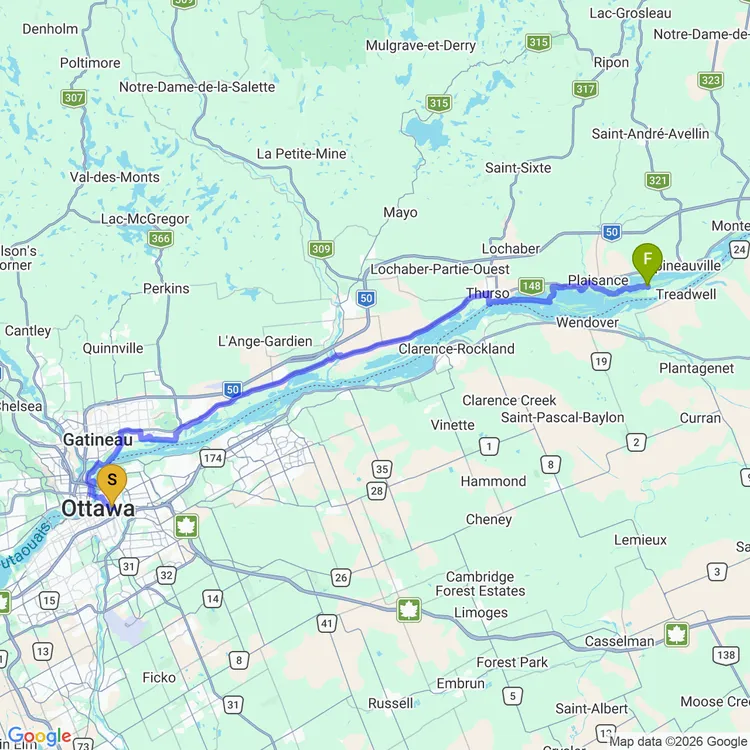 Carte de Ottawa à Plaisance